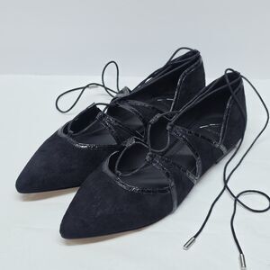 Brian Atwood Sanaa Black Suede Leather Lace-Up Pointed Toe Ballet Flats Size 9